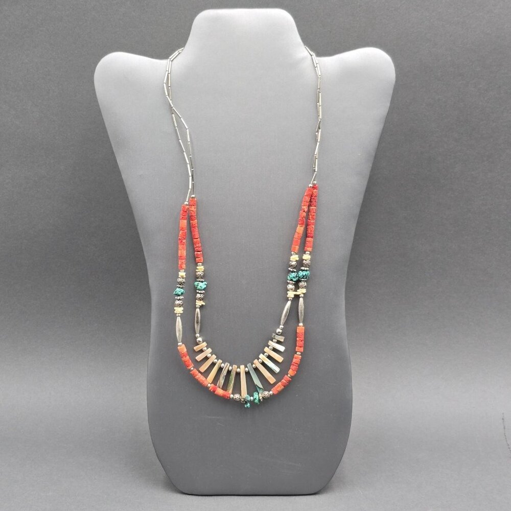 Vintage Southwestern Abalone Shell Turquoise Coral Heishi Necklace 24" Layered - Picture 2 of 13